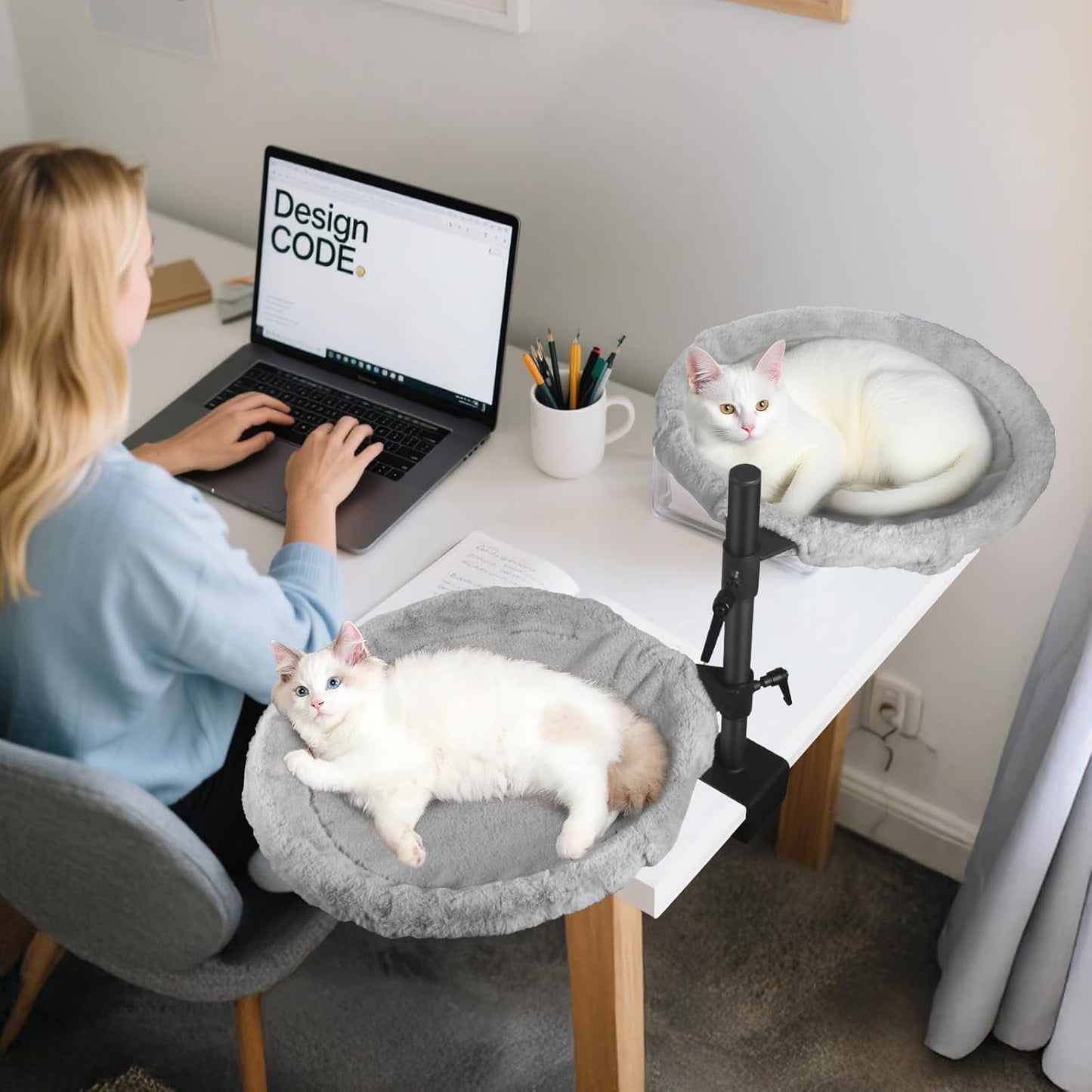 Double Cat Desk Bed - 2 Large Layers Cat beds with 360° Rotating & Adjustable Height, Kitten Nest for Desktop with 2 Washable Soft Covers, Kitten Hammock Bed Mount for Home Office Grey