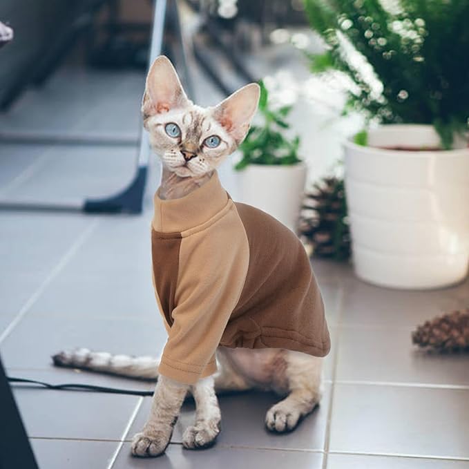 T'CHAQUE Cat Pajamas - Soft Cat Clothes& Shirts & Pajamas with Sleeves, Stretchy Sweater, Pullover Kitten Clothes, Darkbrown, Medium