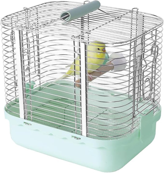 Bird Carrier Travel Cage, Durable Portable Stainless Steel Birdcage with Bird Perch & Feeding Bowl for Parrots Canaries Budgies Lovebirds Conures Cockatiels (Small Light Green)