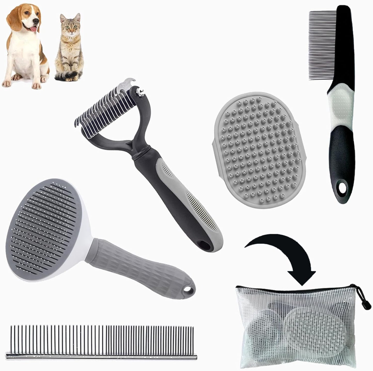 5PCS Grooming Kit for Dog,Puppy- Deshedding & Slicker Brush for Short-Haired Pets, Flea Comb and Grooming Comb Set Grey