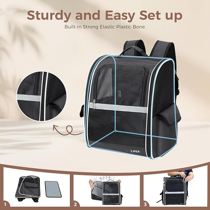 Lekereise Ventilated Cat Backpack Carrier, Pet Carrier Backpack Airline Approved for Small Dogs, 13.39" L x 11" W x 16.53" H Fit Up to 18 Lbs, Dogs Foldable Backpack Carrier for Travel, Hiking, Black