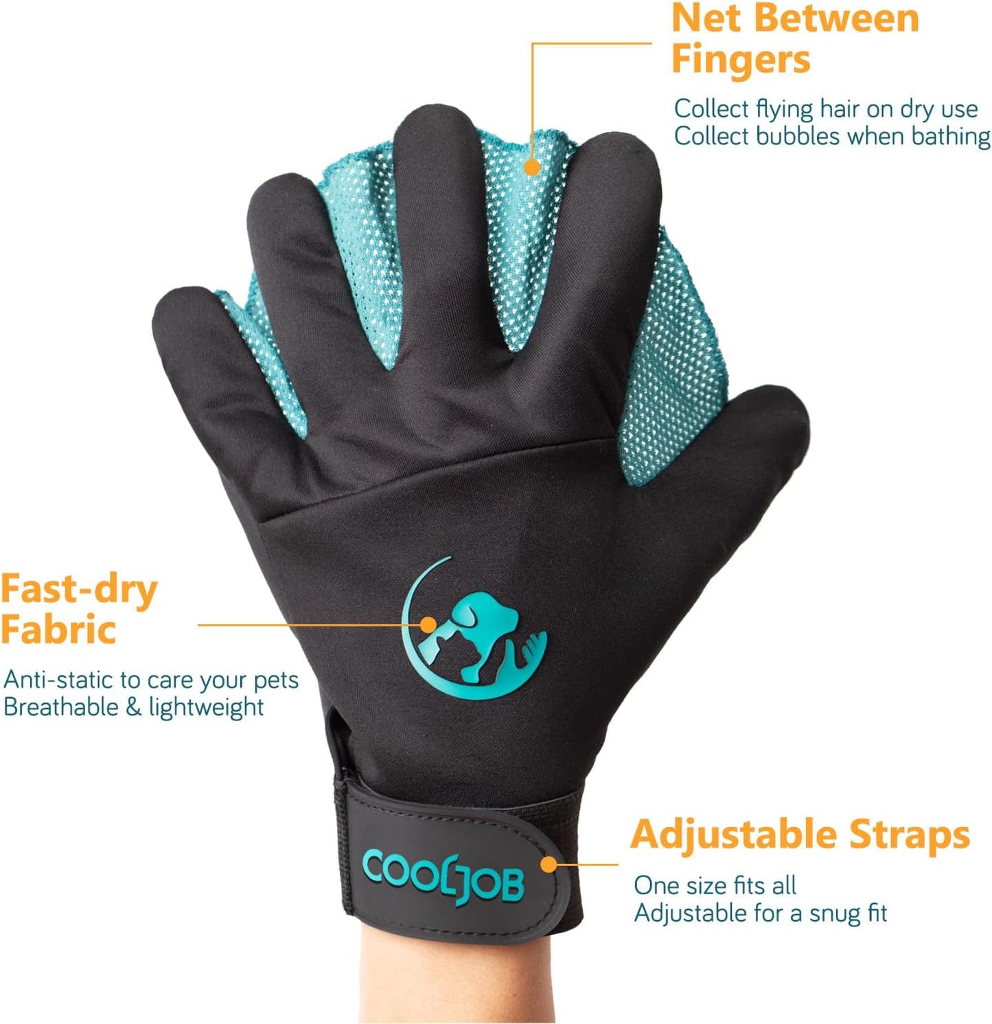 COOLJOB Patented Pet Grooming Gloves with Web, Reusable Washable Cleaning Brush Massage Hair Remover for Short Long Haired Dog Cat Horse Animal, Washing Bathing Shedding Supplies, Small, Blue Black