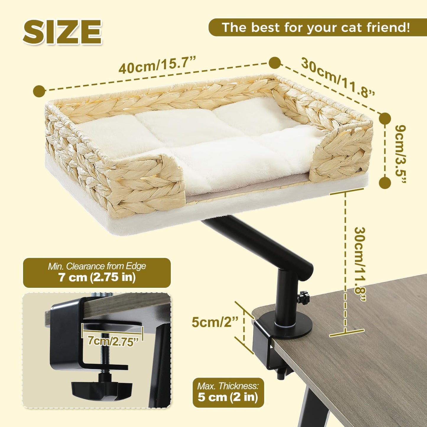 PAWZ Road Cat Desk Bed for Indoor Cats, Wicker Cat Bed for Desk Supports Up to 50 lbs, 360° Rotation & Adjustable Soft Plush Cats Hammock for Desktop, White