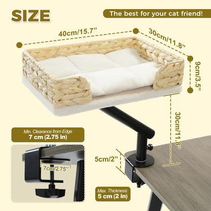 PAWZ Road Cat Desk Bed for Indoor Cats, Wicker Cat Bed for Desk Supports Up to 50 lbs, 360° Rotation & Adjustable Soft Plush Cats Hammock for Desktop, White