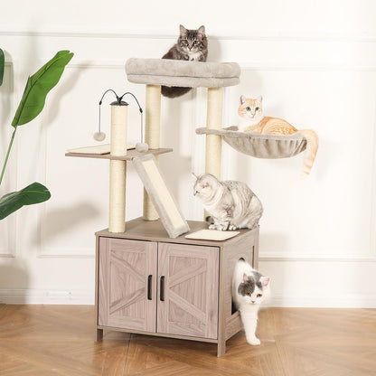 Amazon Basics Furniture Style Cat Tree with Litter Box Enclosure, Cat Tree with Scratching Posts, Sisal Pad, Cozy Perch and Hammock