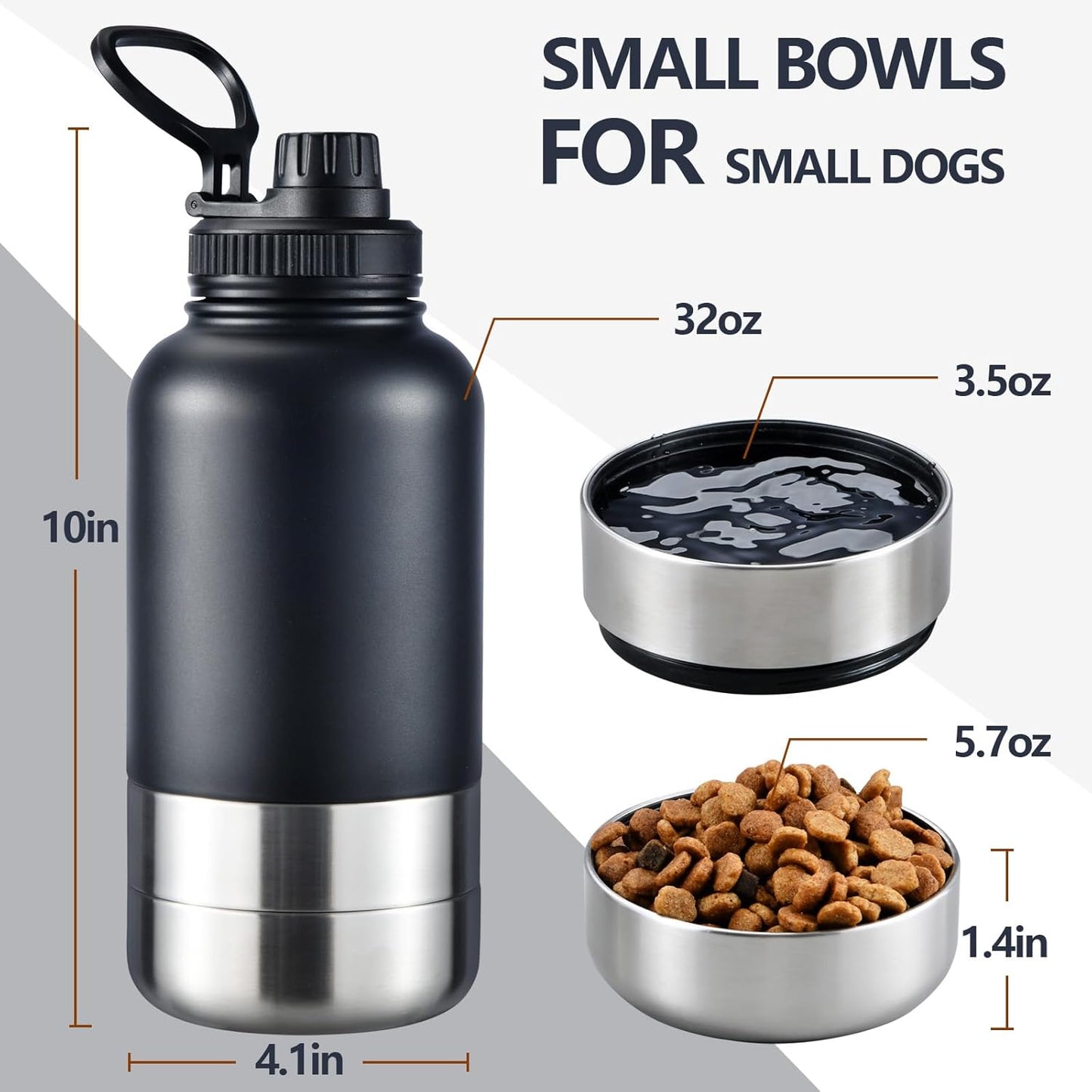 32oz Insulated Dog Water Bottle with 2 Bowls for Small Dogs