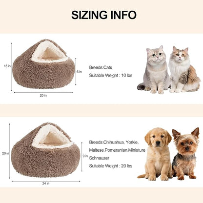 Calming Dog Beds & Cat Cave Bed with Hooded Cover,Removable Washable Round Beds for Small Medium Pets,Anti-Slip Faux Fur Fluffy Coved Bed for Improved Sleep,Fits up to 15/25 lbs(Khaki,S)