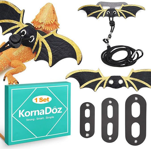 3 Pack Bearded Dragon Harness and Leash Set, Adjustable Soft Leather Reptile Costume with Cool Wings for Lizards, Geckos, Chameleons, Iguanas, Small Pets, Outdoor Walking, Black