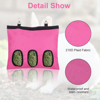 2 Pcs Rabbit Hay Feeder,Guinea Pig Hay Feeder,13×10.8 Inch Guinea Pig Bag,Small Animal Feeding Bag for Rabbits, Hamsters, Hedgehogs(3 Holes,Pink)