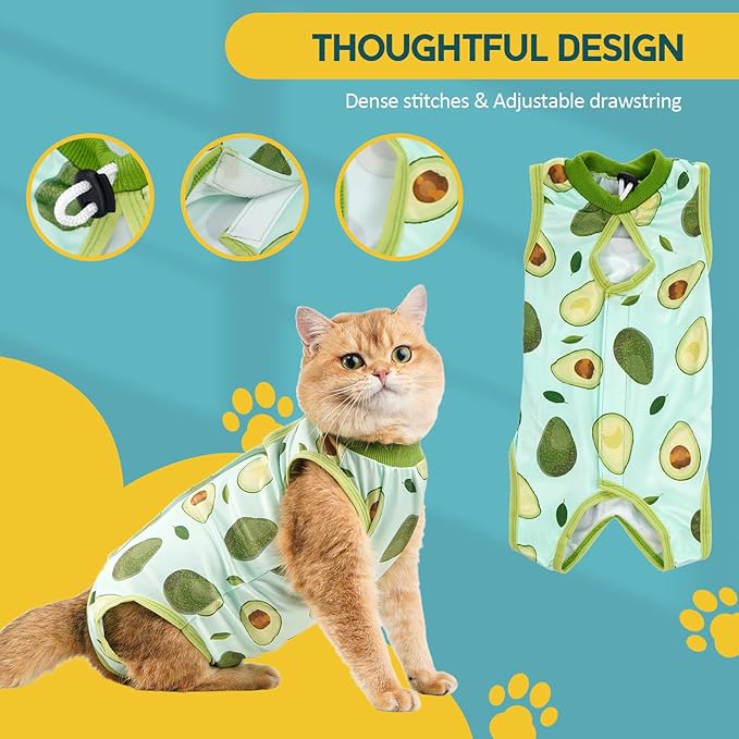 Avont Cat Recovery Suit - Kitten Onesie for Cats After Surgery, Cone of Shame Alternative Surgical Spay Suit for Female Cat, Post-Surgery or Skin Diseases Protection -Avocado(S)