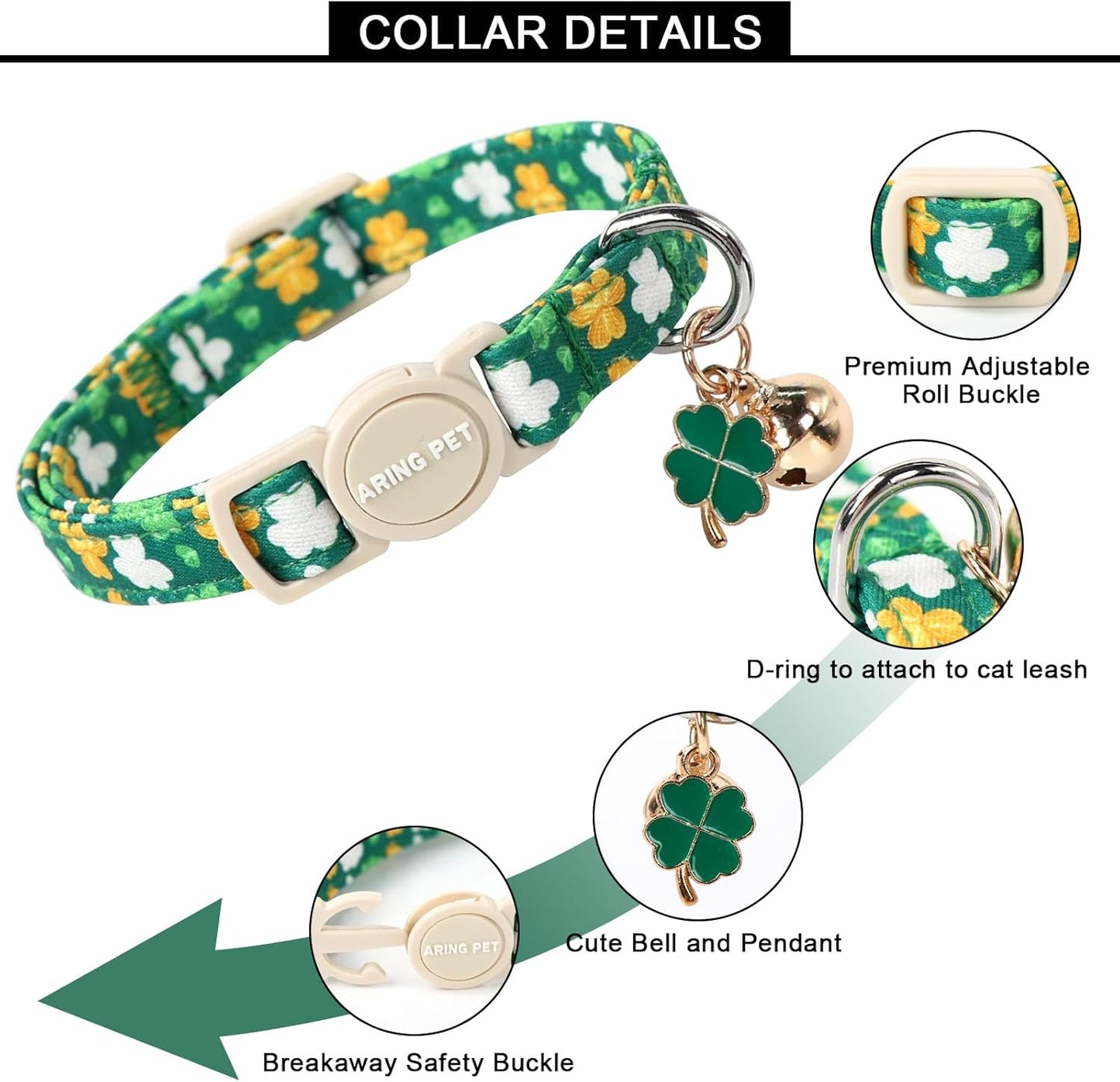 ARING PET 2 Pack St. Patrick's Day Cat Collars-Cute Green Clovers Cat Collar Breakaway with Bell&Pendant, Adjustable Lucky Trefoil Kitten Collars with Safety Buckle