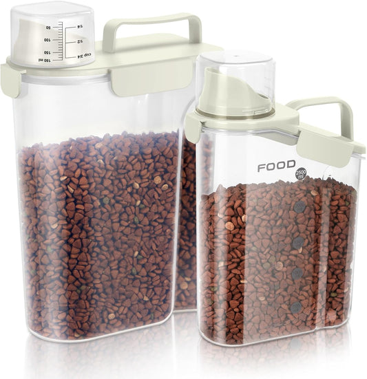 Dog Food Storage Container, Upgraded Large Nozzle BPA-free, 3-5 LBS Plastic Pet Food Storage Containers, With 4 Sealed Clasps, 1 Measuring Cup and Handle (Beige-A)