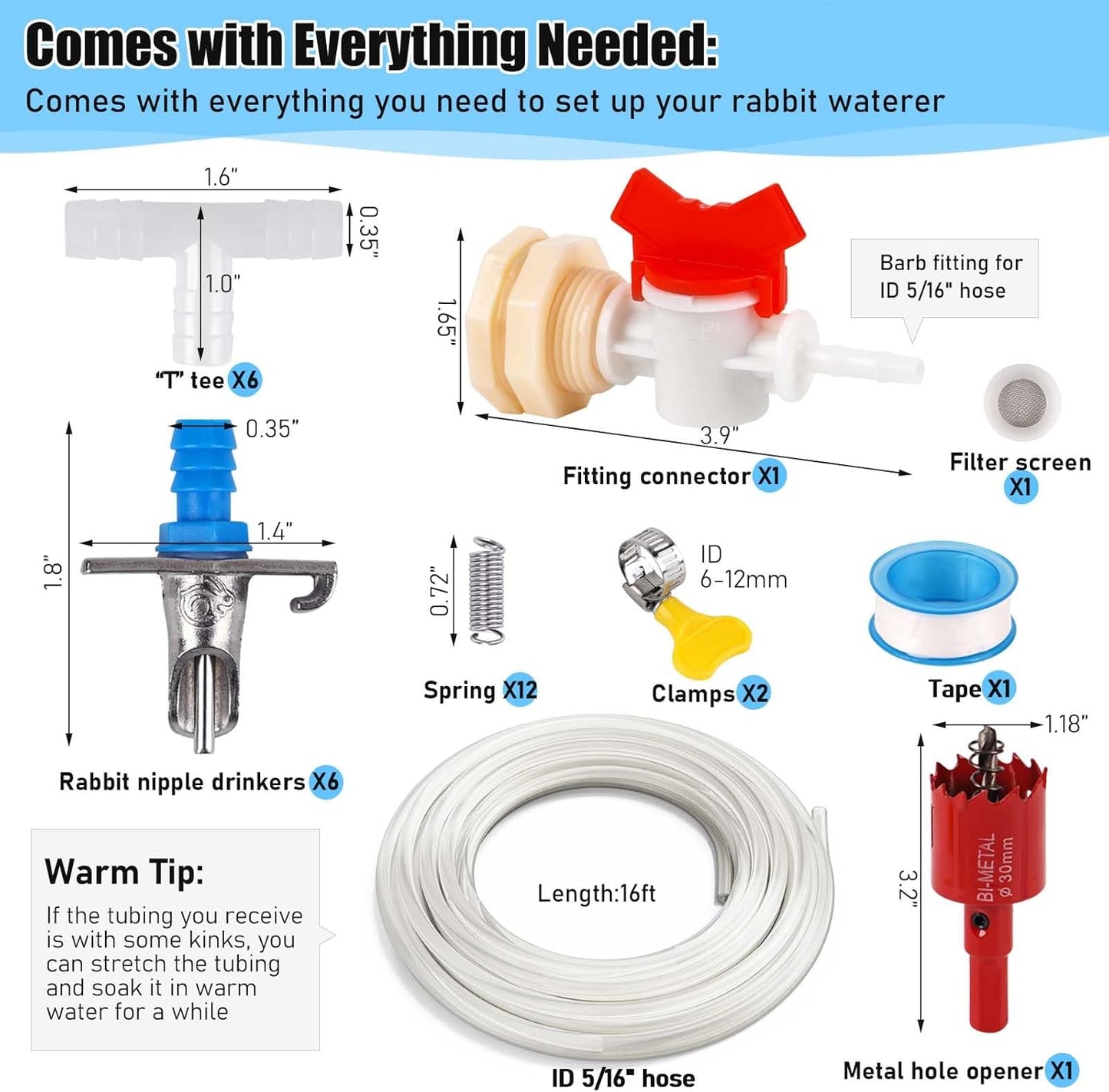 Automatic Rabbit Watering System, Rabbit Waterer Kit System Gravity Fed Include 6 Sets of Nipple Drinkers and 16 Feet of ID 5/16" Hose