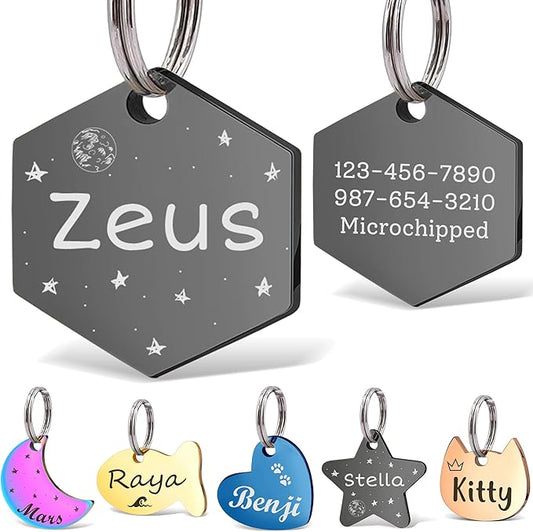 Anavia Small Size Dog Cat ID Tags, Small/XS Personalized Color Plated Stainless Steel Puppy Kitten Name Tags, Customized Engraved Nameplate Pet Collar Tag (Black, Hexagon)