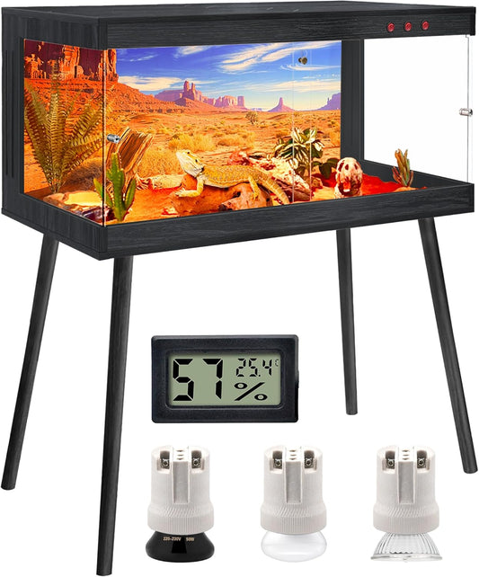 Royxen Tempered Glass Bearded Dragon Tank,65 Gallons Reptile Tank with Leg Stand,Built-in Lighting Reptile Enclosure Scartch-Proof Bearded Dragon Encloure for Chameleon,Snake(Black,40"x 20"x 20")