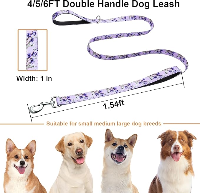 Double Handle Dog Leash 4ft with 2 Padded Handles, Cute Purple Dog Leash with Soft Dual Handle, Walking Training Lead for Small Medium Large Dogs, Lavender Lily