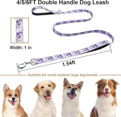 Double Handle Dog Leash 4ft with 2 Padded Handles, Cute Purple Dog Leash with Soft Dual Handle, Walking Training Lead for Small Medium Large Dogs, Lavender Lily