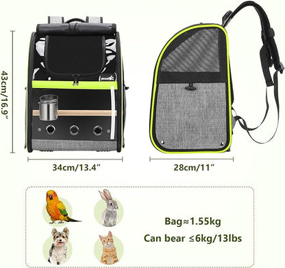 Pecute Bird Carrier Backpack, Parrots Bird Backpack with Visible Window, Adjustable Height Standing Perch, Feeding Cans, Waterproof Pads, Lightweight Foldable Birds Travel Cage for Hiking Camping