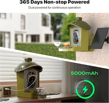 Smart Bird Feeder with Camera, Bird Feeder Camera 2K HD Record Video Live View with Solar Panel, AI Identify Species Auto Capture, Instant Arrival Alerts, Gift for Birds Lover