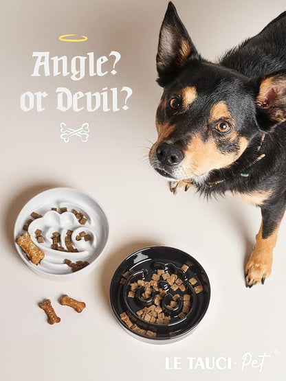 LE TAUCI Ceramic Slow Feeder Dog Bowls Elevated, 0.6 Cups Raised Dog Bowl with Wooden Stand for Small Breed, Pet Dishes to Slow Down Eating, Skull Black