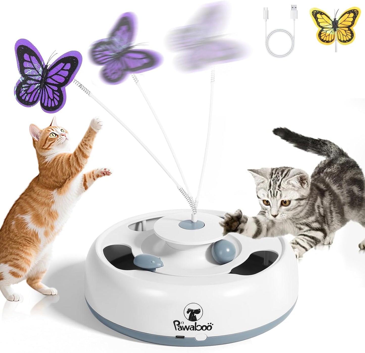 Pawaboo 3-in-1 Automatic Interactive Cat Toy, Electronic Motion Kitten Toy with Fluttering Butterfly Teasers, Track Ball & Random Hide Mouse, USB Rechargeable Cat Teaser Mouse Toys for Indoor Kitties