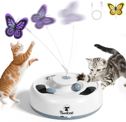 Pawaboo 3-in-1 Automatic Interactive Cat Toy, Electronic Motion Kitten Toy with Fluttering Butterfly Teasers, Track Ball & Random Hide Mouse, USB Rechargeable Cat Teaser Mouse Toys for Indoor Kitties