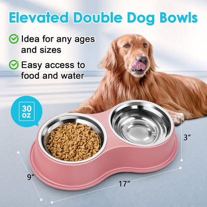 Dog Bowls Large Double Dog Water and Food Bowls Stainless Steel Bowls with Non-Slip Resin Station, Pet Feeder Bowls Food Dish for Small Medium Large Dogs Cats