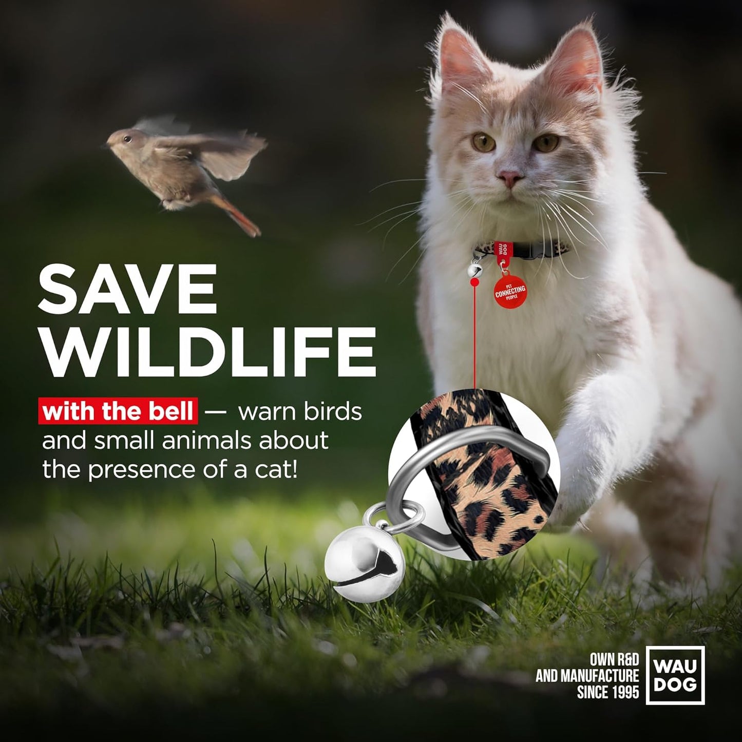 WAUDOG Nylon Cat Collar with Removable Bell and QR ID Tag for Small, Medium and Large Breeds Adjustable Long Lasting Durable Kitten Collars Boy & Girl