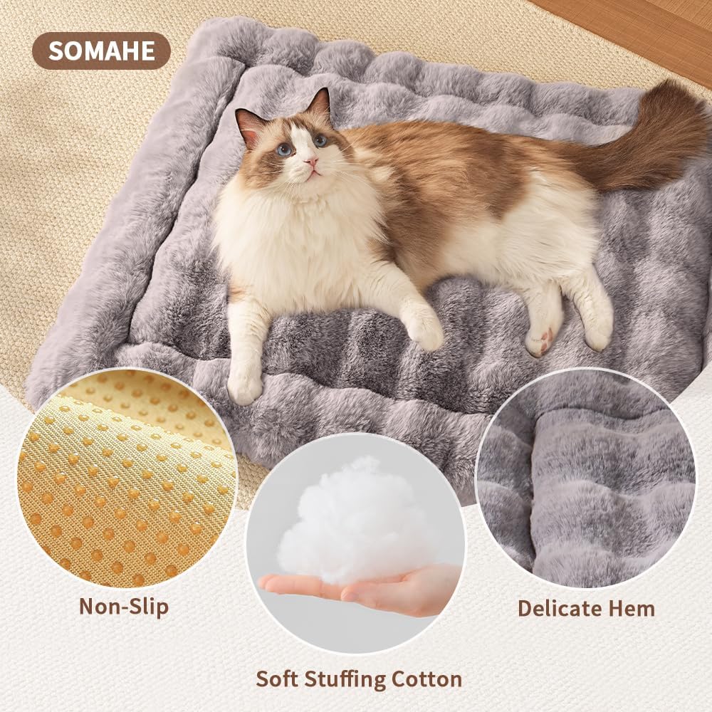 Cat Beds for Indoor Cats Faux Fur Pet Pad Mat Plush Kitten Bed with Non-Slip Bottom for Carriers/Couch Dog & Puppy Friendly 35 x 27 Inch X-Large Gery