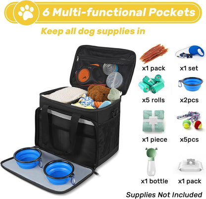 6 Set Dog Travel Bag, Large Pet Supplies for Dogs, Includes 2 Collapsible Dog Bowls, 2 Food Containers, 1 Treat Pouch with Pet Travel Bag, Black