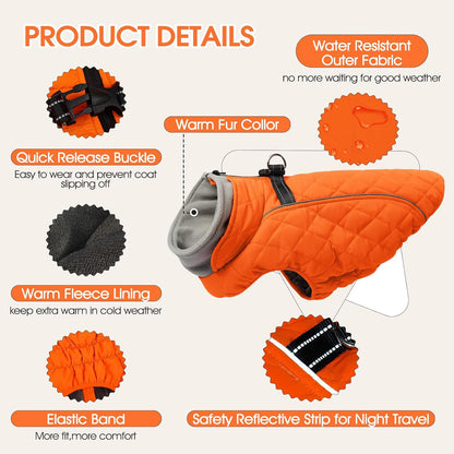 Dog Coat with Harness Built in -Orange,Medium- Fleece Lined Dog Snow Jacket Snowsuit，Adjustable Reflective Winter Warm Cold Weather Coat
