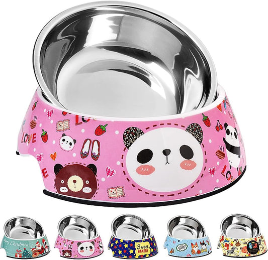 Pet Cats Dogs 2 in 1 Food Water Bowls - Non Slip Skid Proof Heavy Duty Pet Cats Dog Food Water Bowls for Feeding Drinking Small Medium Large Dogs Cats Puppies- Pink Panda-L