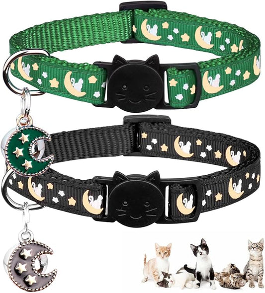 2Pcs Breakaway Cats Collars Cat Collars for Boy & Girl Cats Adjustable Kitten Collars with Bell,Black+Emerald,8"-13.1"