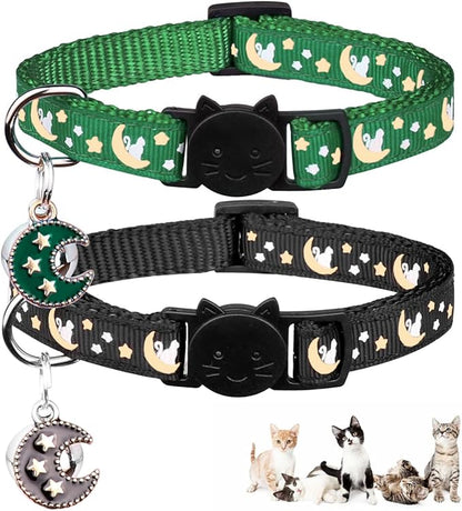 2Pcs Breakaway Cats Collars Cat Collars for Boy & Girl Cats Adjustable Kitten Collars with Bell,Black+Emerald