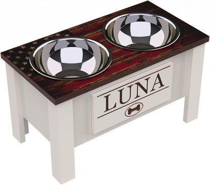 GrooveThis Woodshop - Personalized Elevated Dog Bowl Stand for Large, Medium, Small, X-Small Dogs - Stainless Steel Food and Water Bowls - Raised Dog Dish with Internal Storage (Large, Flag Design)