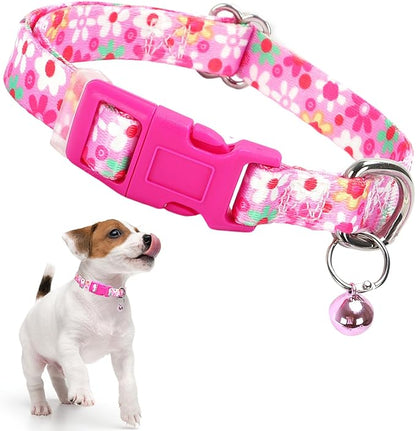 Pink Floral Small Dog Collar with Bell, Pretty Cute Flower Cat Collar Girl Puppy Collars with Bells for XS Small Tiny Pet Female Dogs Kitten Little Animal, S