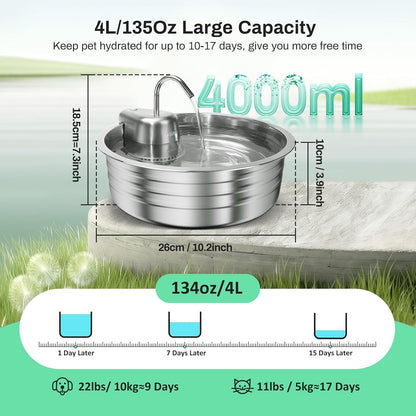 Cat Water Fountain, 4L/135OZ Stainless Steel Pet Fountain with 6 Filters Dog Water Dispenser, Dog Water Bowl Cat Drinking Fountains Watering Supplies with Ultra-Quiet Pump for Pets Indoor