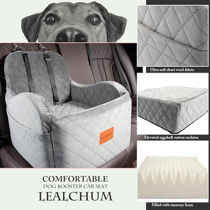 Dog Booster Car Seat for Small/Medium Dogs Up to 35lbs,Ultra Soft Fabric Covered,6in Elevated Cushion,Fully Detachable and Washable,3 Straps & 2 Pockets,Easy to Install(Grey,Medium)
