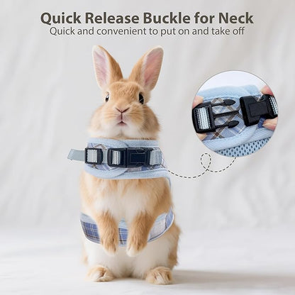 AIITLE Bunny Harness and Leash Set Escape Proof - Magic Tape Design, Lightweight Plaid Pattern Mesh Padding, No Choke No Pull for Puppy Cat Rat Squirrel Ferret, Outdoor Walking Running, Blue S