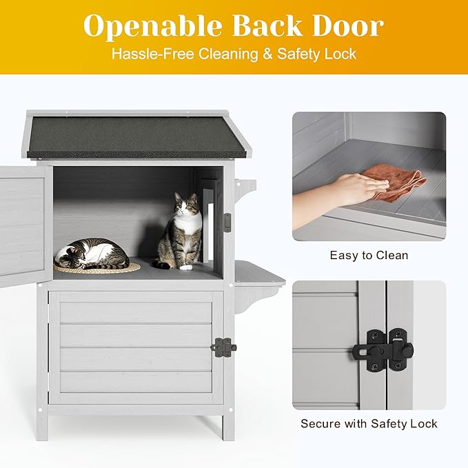 Outdoor Cat House Wooden Shelter: Large Weatherproof Pet Enclosure for Indoor or Feral Cats, 2-Tier Cat House for Outside Cats