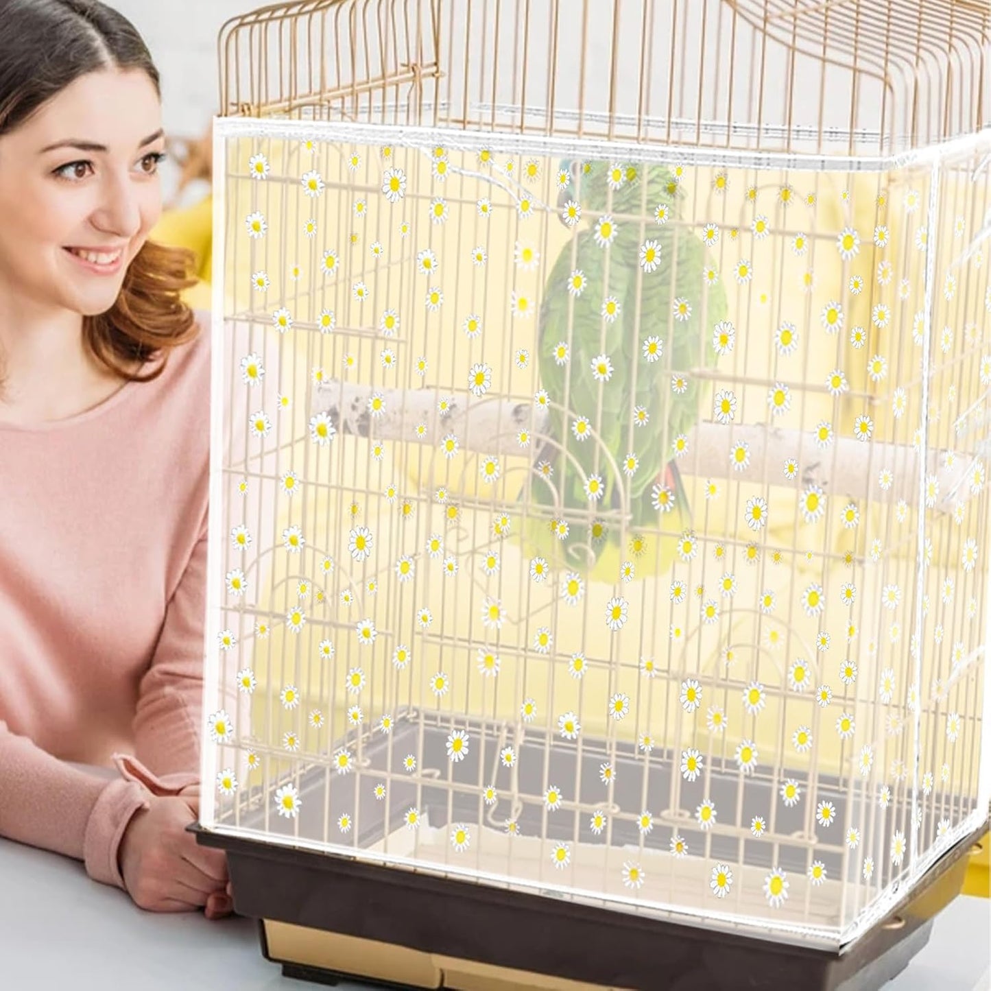 Daoeny Bird Cage Seed Catcher, Large Bird Cage Cover, Adjustable Soft Airy Nylon Mesh Net, Birdcage Cover Skirt Seed Guard for Parrot Parakeet Macaw African Round Square Cages (White, Daisy Design)