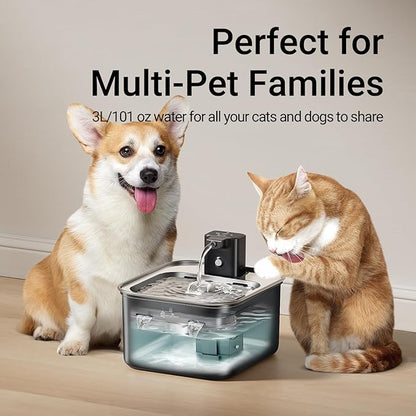 DownyPaws Cat Water Fountain Stainless Steel Cordless, 101 oz/3L FurSink Wireless Cat Water Dispenser for Pets, Battery Operated Pet Drinking Fountain with Motion Sensor, Easy Clean, Black