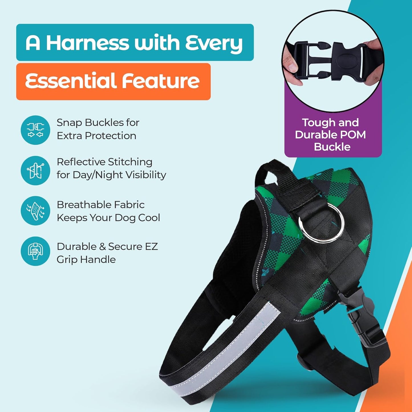 Joyride Basic Essential Dog Harness 1.0 - Small, Medium, Large Dogs, No-Pull Pet Vest with 3 Side Rings for Leash Placement, Adjustable for Training (Green Plaid, M)