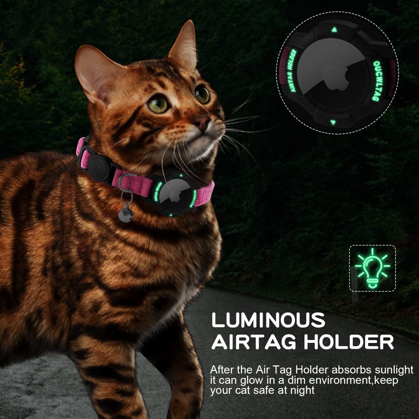 Luminous AirTag Cat Collar Breakaway, OUCWLTAG GPS Cat Collar with Apple Air Tag Holder, Cat Tracker Collars with Safety Elastic Band for Girl Boy Cats, Kittens and Puppies (Pink, 9-13 Inch)
