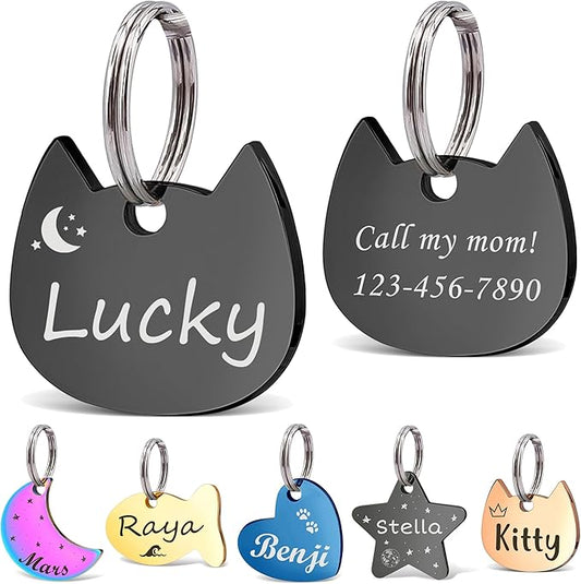 Anavia Small Size Dog Cat ID Tags, Small/XS Personalized Color Plated Stainless Steel Puppy Kitten Name Tags, Customized Engraved Nameplate Pet Collar Tag (Black, Cat Head)