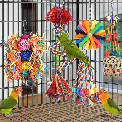 Bird Toys Rope Perch with Bell Colorful Bird Chewing Shredding Foraging Toys Parrot Swing Climbing Standing Hanging Toys Cage Accessories for Conure Cockatiel Budgies Lovebird