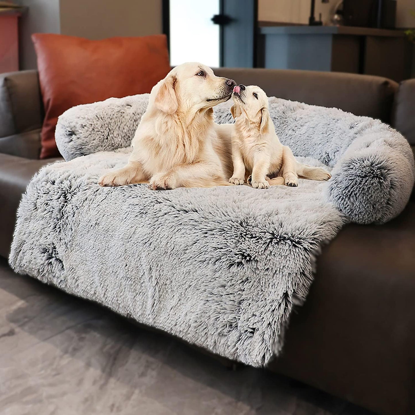 Calming Dogs/Cats Bed Mats, Dog Pad Washable Removable Couch Cover, Plush Long Fur Mat for Pets, Waterproof Lining, Perfect for Small, Medium and Large Dogs and Cats (Gradient Gray, 41"x37")