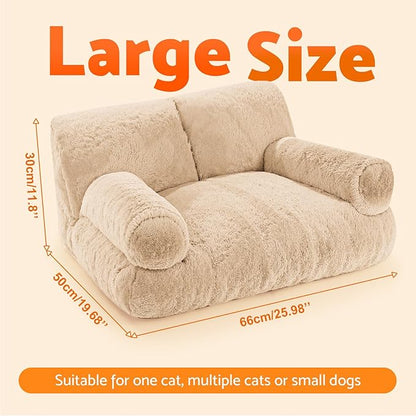 Gimars Upgrade Large Cat Bed for Indoor Cats -Added 10% More Stuff Sponge, Orthopedic Pet Couch Beds with Bolstered Edges, Fluffy Washable & Removable Cover, Anti Slip Base,Teak Milk Color