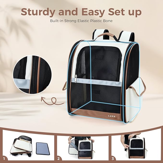 Lekereise Ventilated Cat Backpack Carrier, Pet Carrier Backpack Airline Approved for Small Dogs Medium Cats Fit Up to 18 Lbs, Dogs Foldable Backpack Carrier for Travel, Hiking, Beige