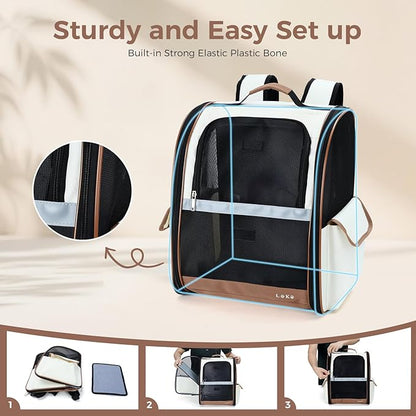 Lekereise Ventilated Cat Backpack Carrier, Pet Carrier Backpack Airline Approved for Small Dogs Medium Cats Fit Up to 18 Lbs, Dogs Foldable Backpack Carrier for Travel, Hiking, Beige